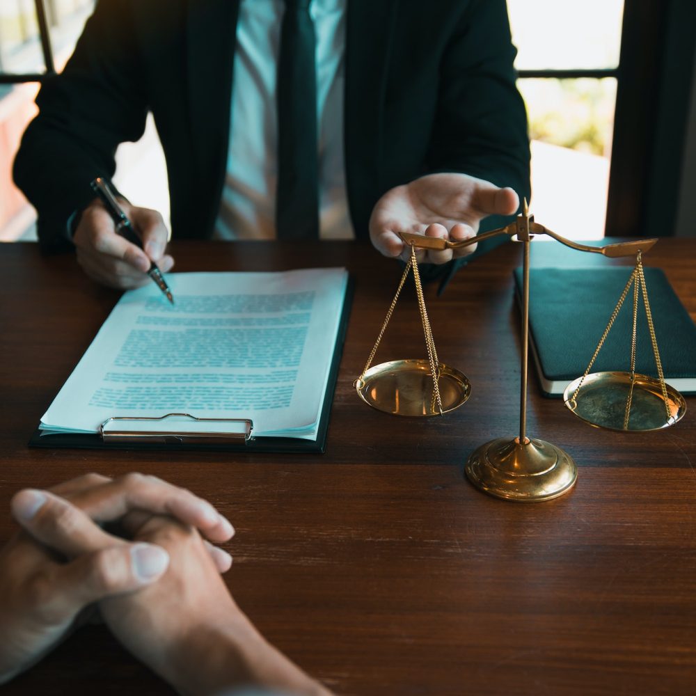 Business lawyer is currently counseling the client's trial at the lawyer office.